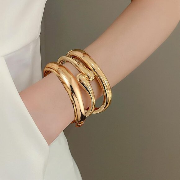 14K Gold Twist Cuff Bangle for Women - Trendy Wide Open Arm Jewelry - Picture 6 of 7